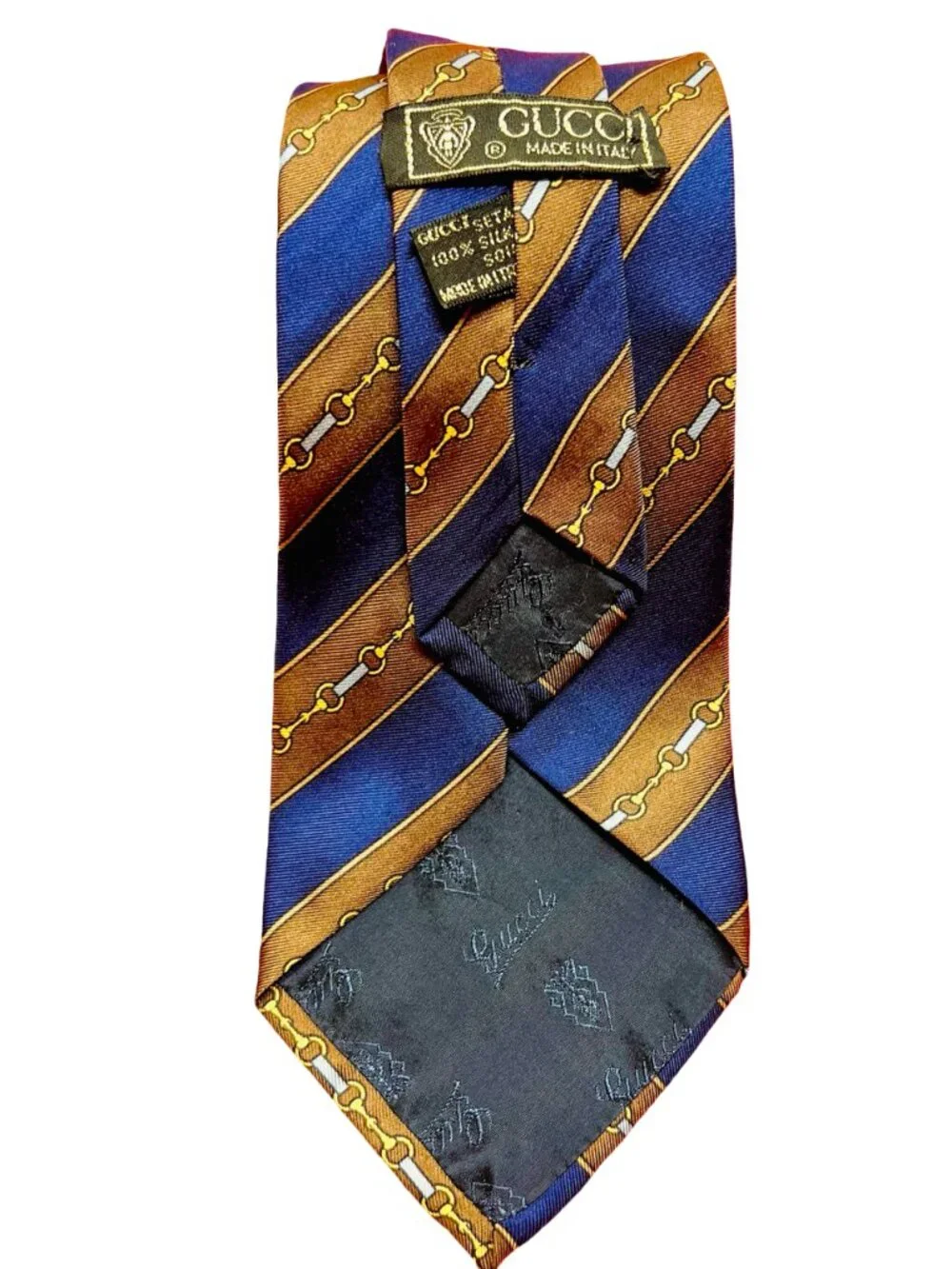 Classic Smooth Gucci Neck-Tie 100% silk blue brown gold striped, Italy Made ( 42